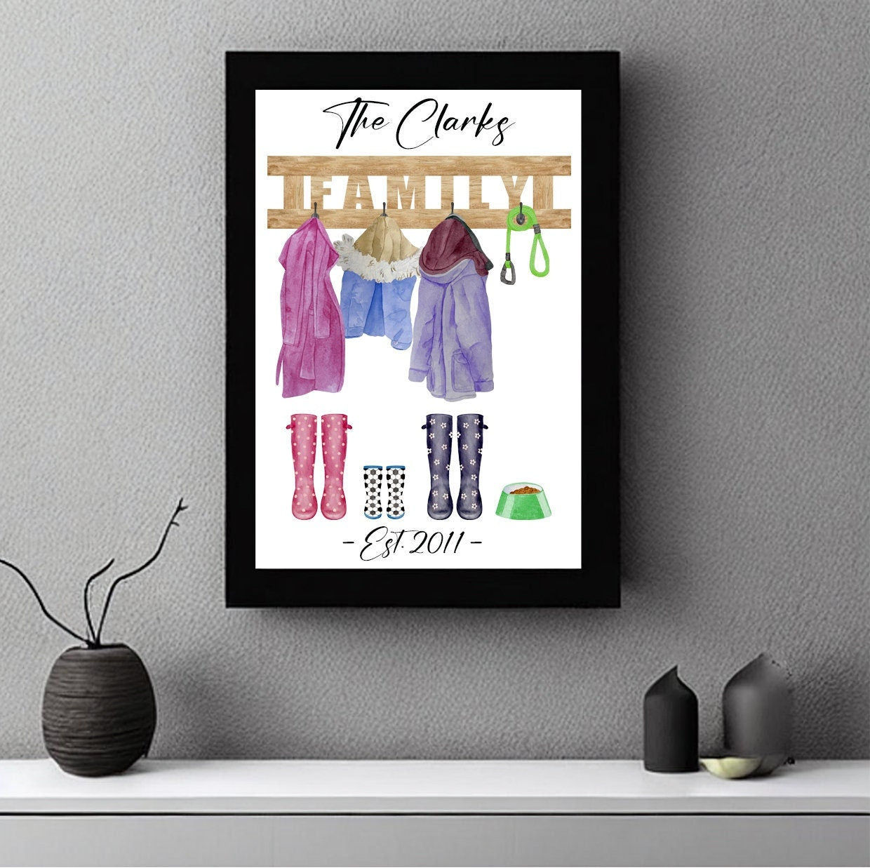 Personalised family couple image with pets welly boots wellies coats dog lead pet bowl