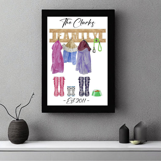 Personalised family couple image with pets welly boots wellies coats dog lead pet bowl