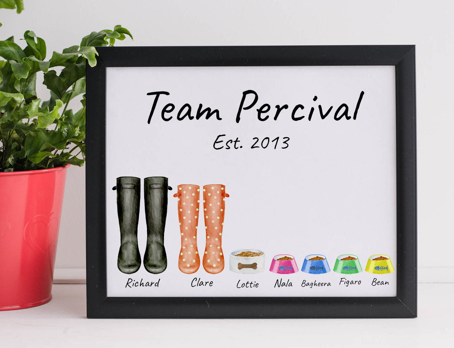 Personalised family couple image with pets welly boots wellies coats dog lead pet bowl