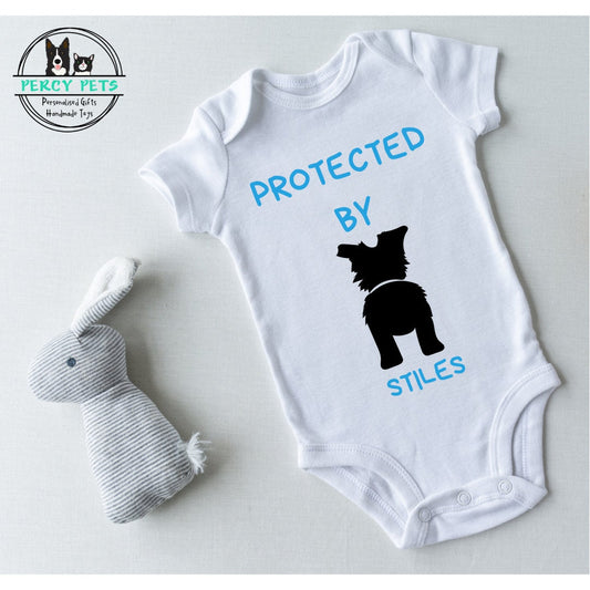 Personalised Baby Grow / Baby Vest with dog or puppy picture and name on. Babygrow, onesie, babygro, bodysuit