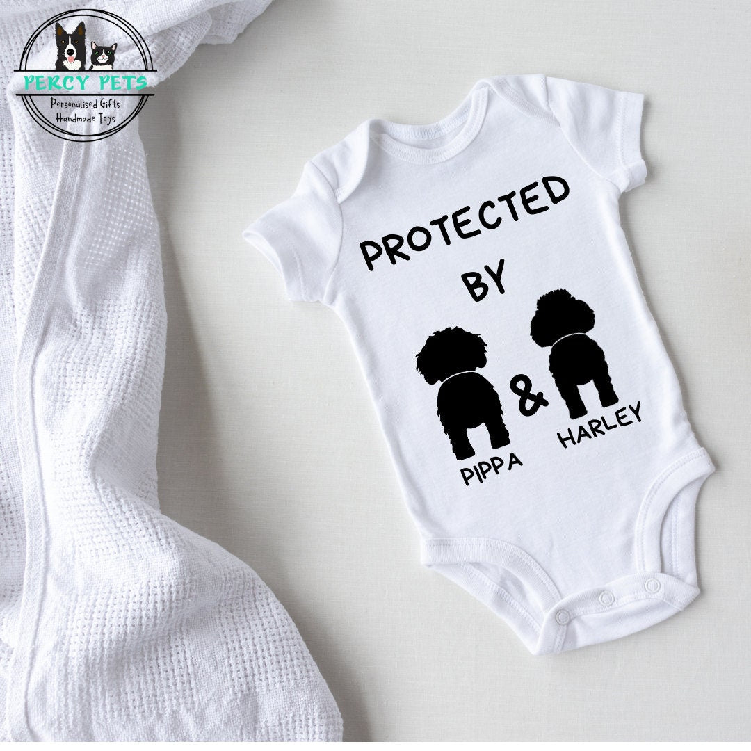 Personalised Baby Grow / Baby Vest with dog or puppy picture and name on. Babygrow, onesie, babygro, bodysuit