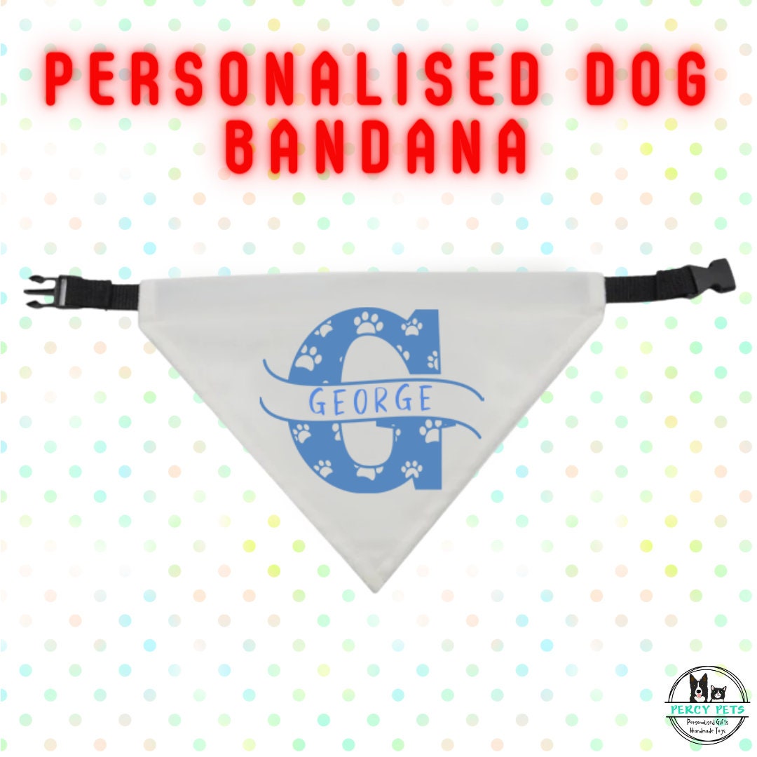 Personalised Pet Dog Bandana - Pet's Dog's Name with Letter Monogram. Includes adjustable collar style strap with buckle.