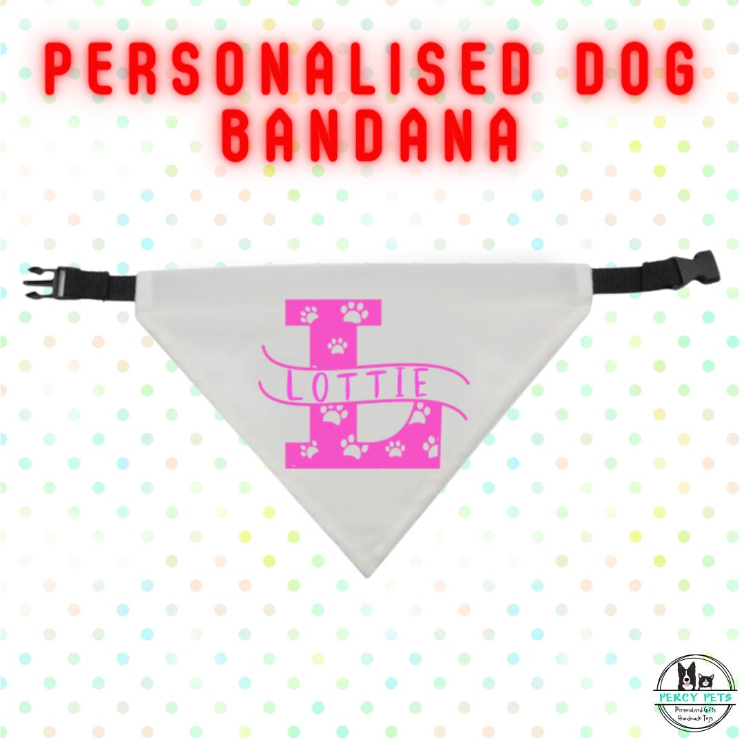 Personalised Pet Dog Bandana - Pet's Dog's Name with Letter Monogram. Includes adjustable collar style strap with buckle.