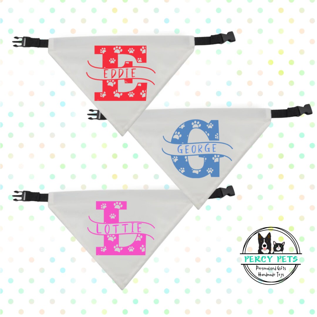 Personalised Pet Dog Bandana - Pet's Dog's Name with Letter Monogram. Includes adjustable collar style strap with buckle.