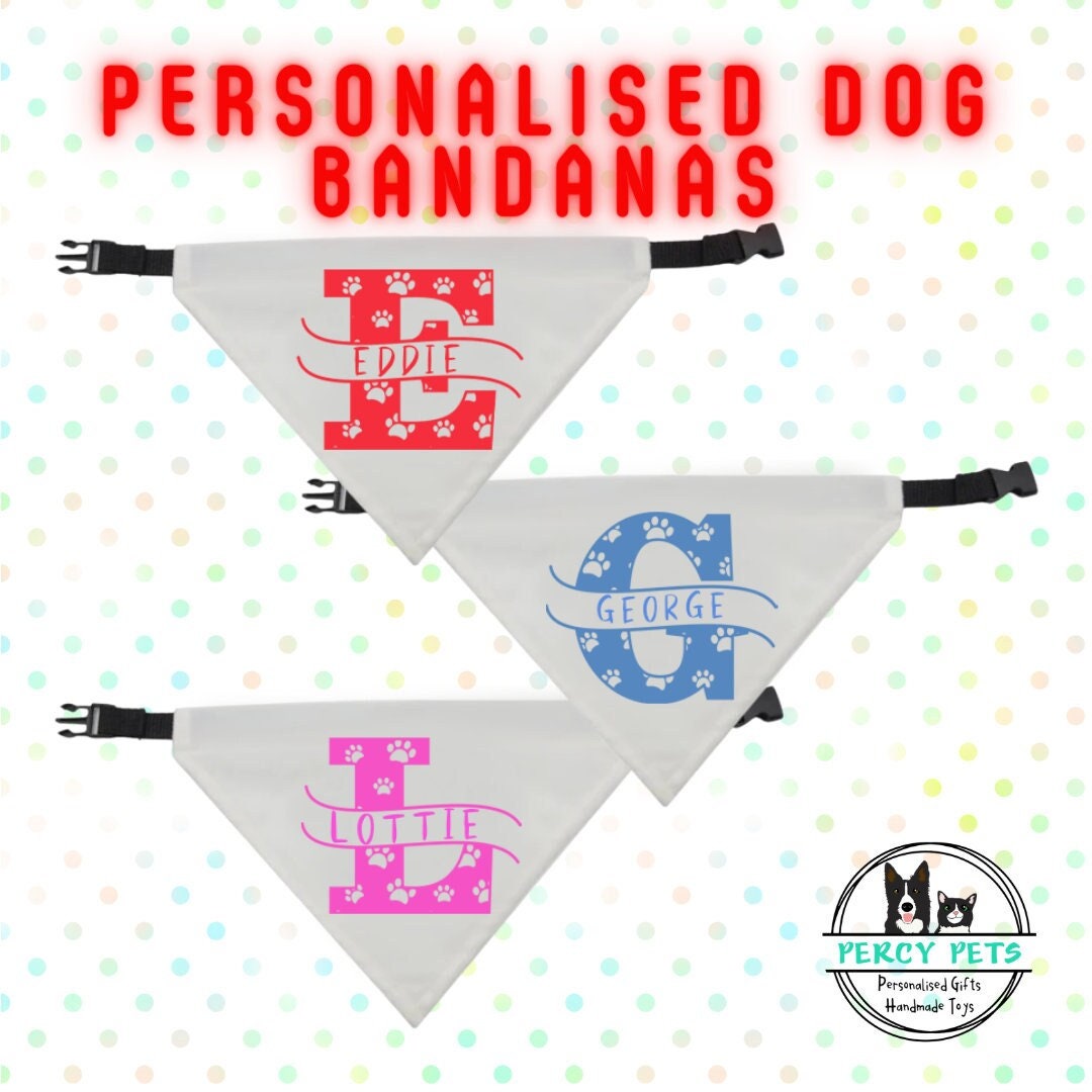 Personalised Pet Dog Bandana - Pet's Dog's Name with Letter Monogram. Includes adjustable collar style strap with buckle.