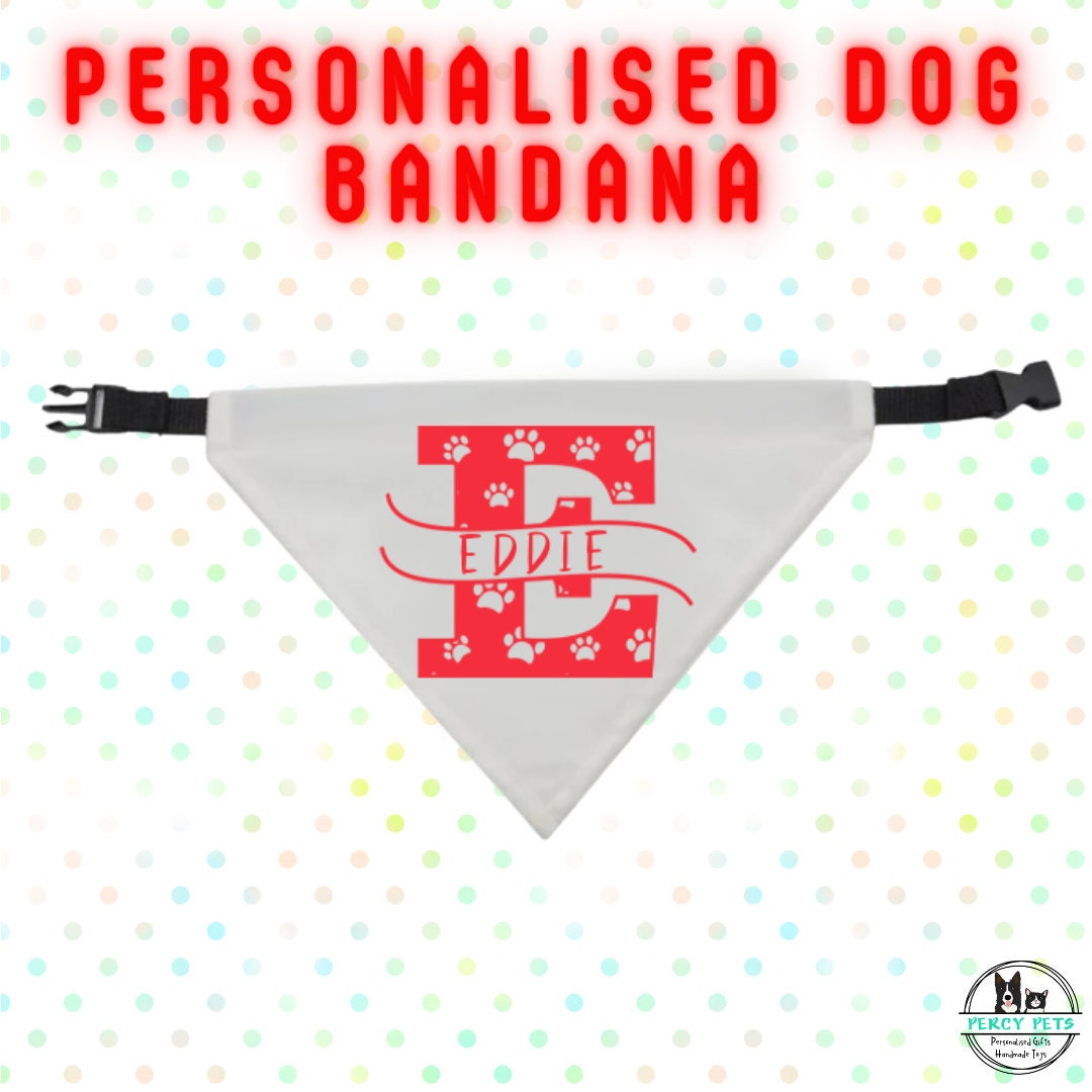 Personalised Pet Dog Bandana - Pet's Dog's Name with Letter Monogram. Includes adjustable collar style strap with buckle.