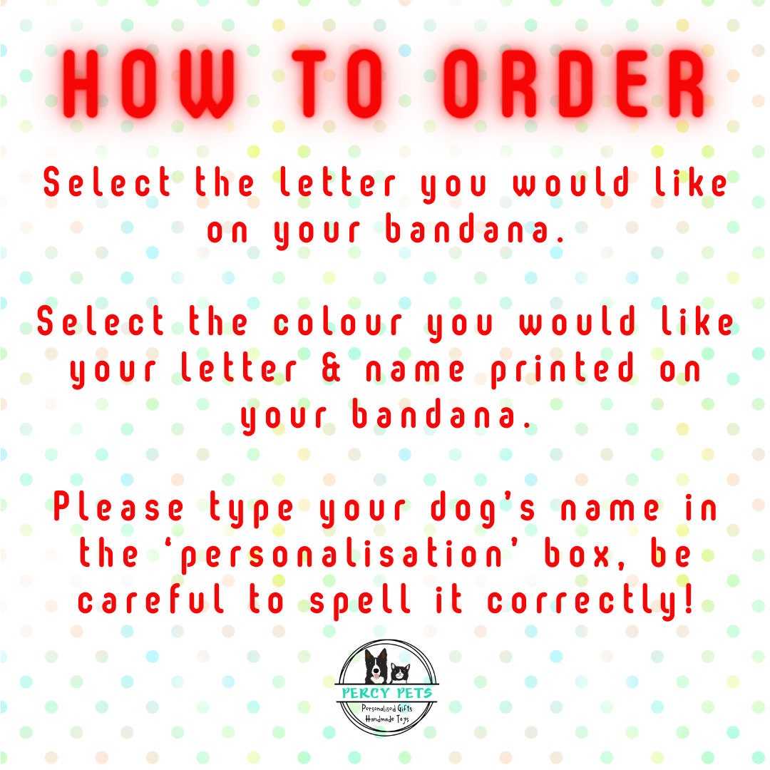 Personalised Pet Dog Bandana - Pet's Dog's Name with Letter Monogram. Includes adjustable collar style strap with buckle.