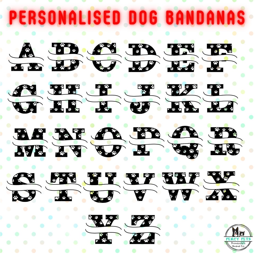 Personalised Pet Dog Bandana - Pet's Dog's Name with Letter Monogram. Includes adjustable collar style strap with buckle.