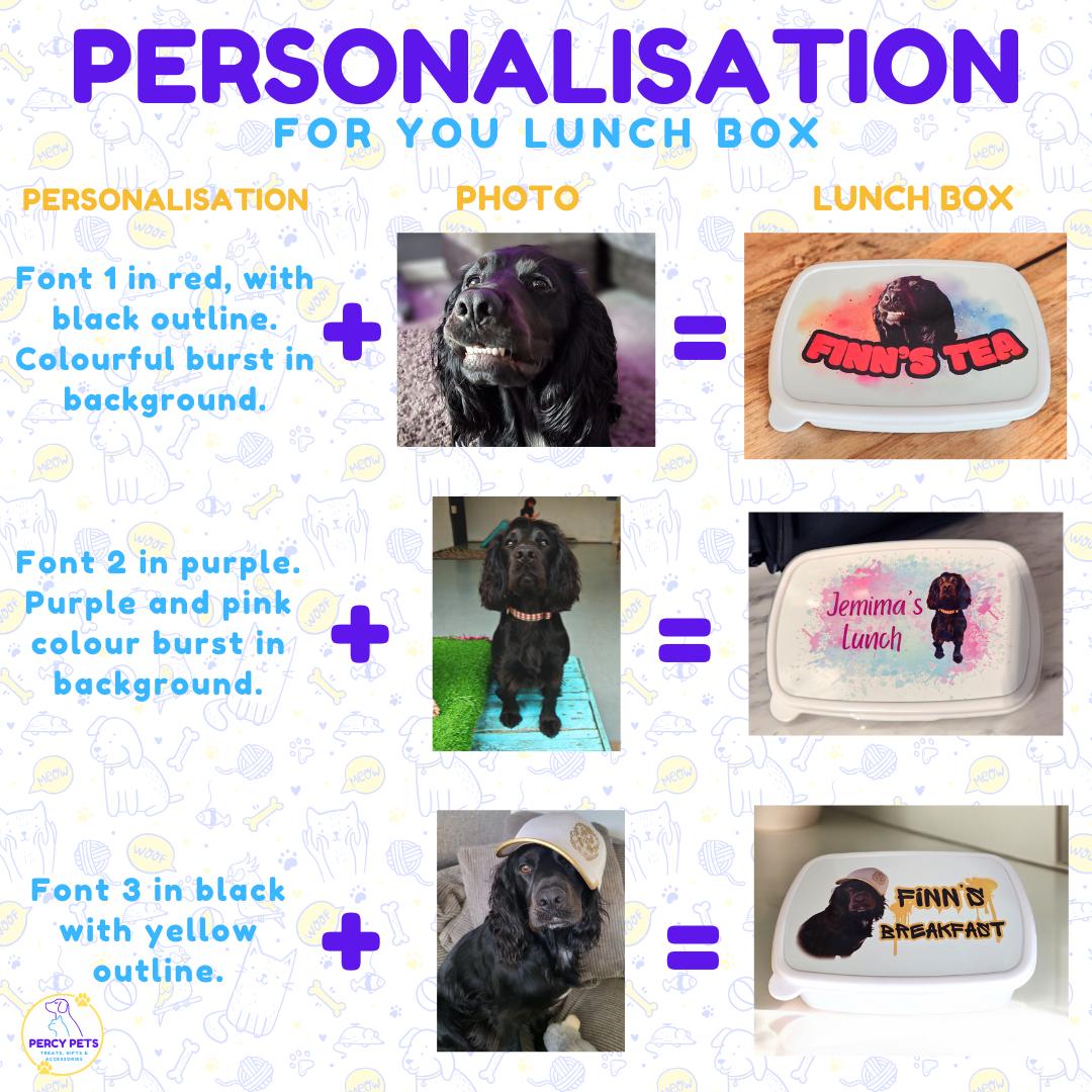 Dog Personalised Lunch Box for your pet, treat box, snack box, customised, pet treat storage, pet food storage, lunchbox, snack tub