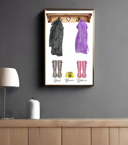 Personalised family couple image with pets welly boots wellies coats dog lead pet bowl