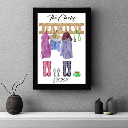 Personalised family couple image with pets welly boots wellies coats dog lead pet bowl