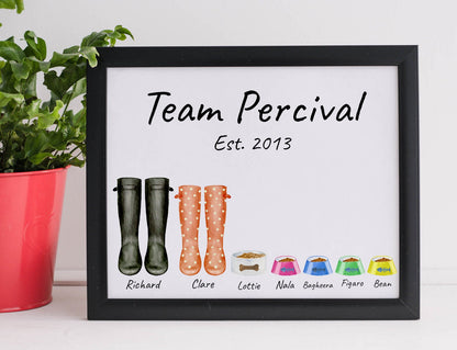 Personalised family couple image with pets welly boots wellies coats dog lead pet bowl