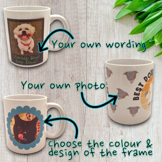 Two sided Father's Day Dog Dad Cat Dad Pet Dad Personalised Photo Mug Cup. Microwave and dishwasher safe. Perfect present or gift.