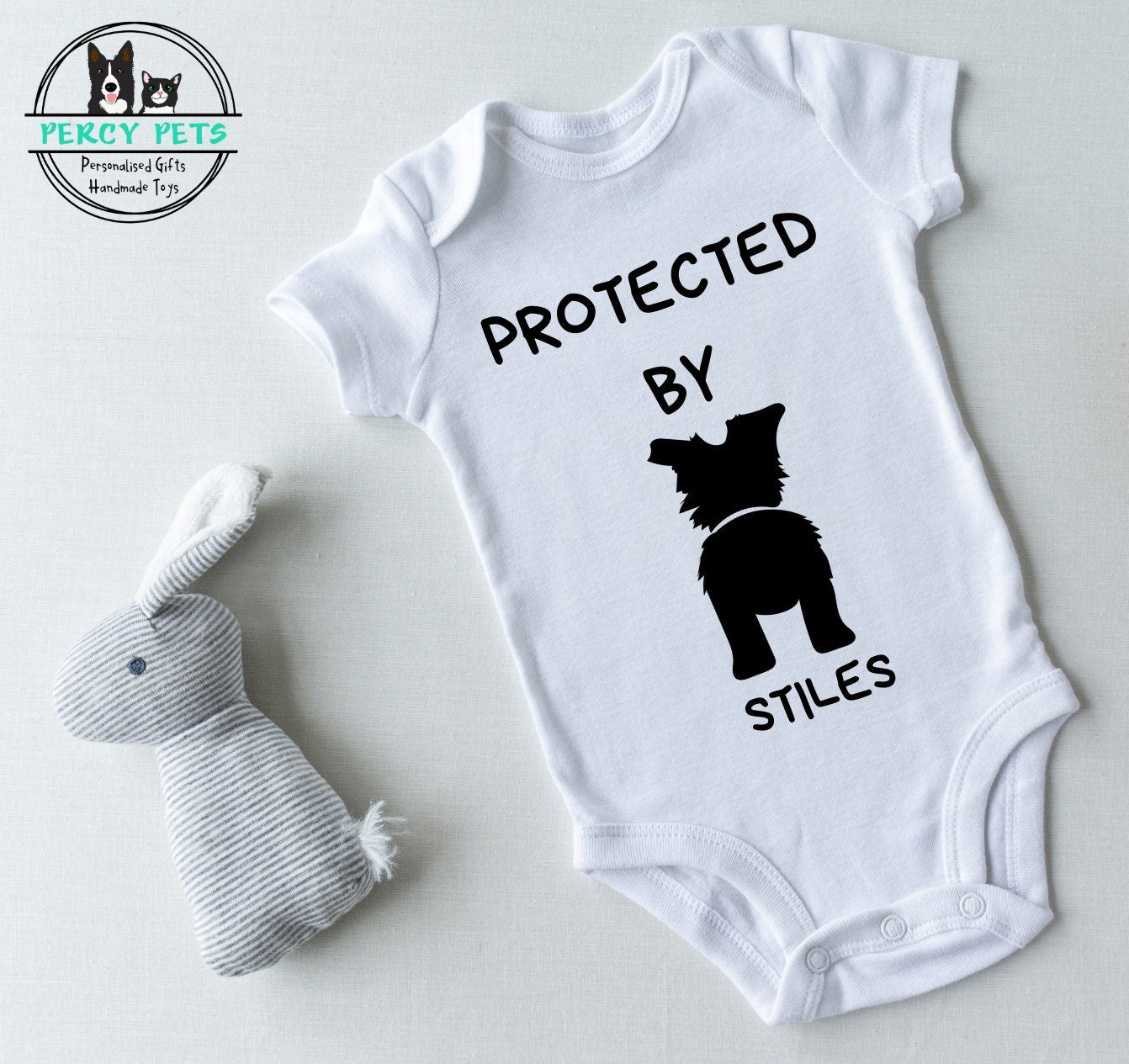 Personalised Baby Grow / Baby Vest with dog or puppy picture and name on. Babygrow, onesie, babygro, bodysuit