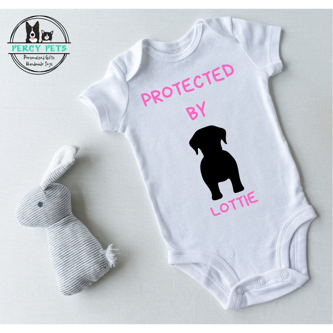 Personalised Baby Grow / Baby Vest with dog or puppy picture and name on. Babygrow, onesie, babygro, bodysuit