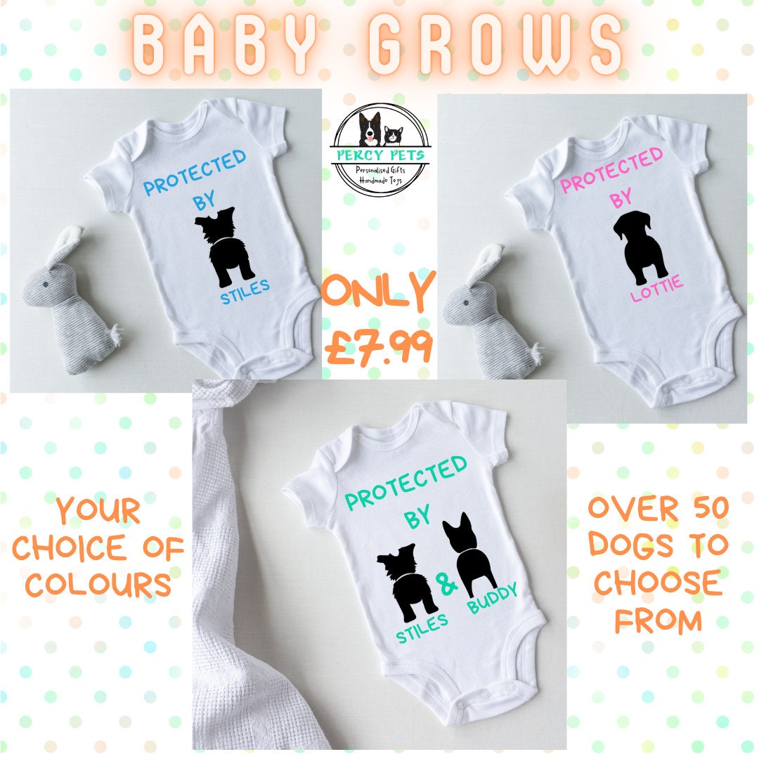 Personalised Baby Grow / Baby Vest with dog or puppy picture and name on. Babygrow, onesie, babygro, bodysuit