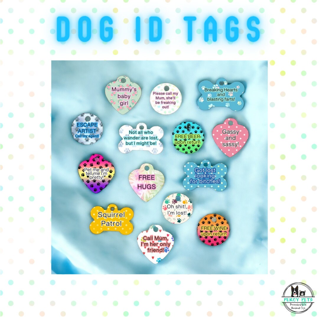 Personalised Colour Dog ID Tags - weather proof, waterproof, fully customisable, meet UK legal requirements, sublimation printed on metal.