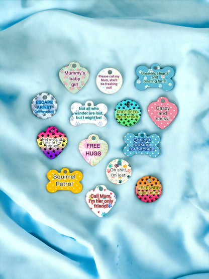 Personalised Colour Dog ID Tags - weather proof, waterproof, fully customisable, meet UK legal requirements, sublimation printed on metal.