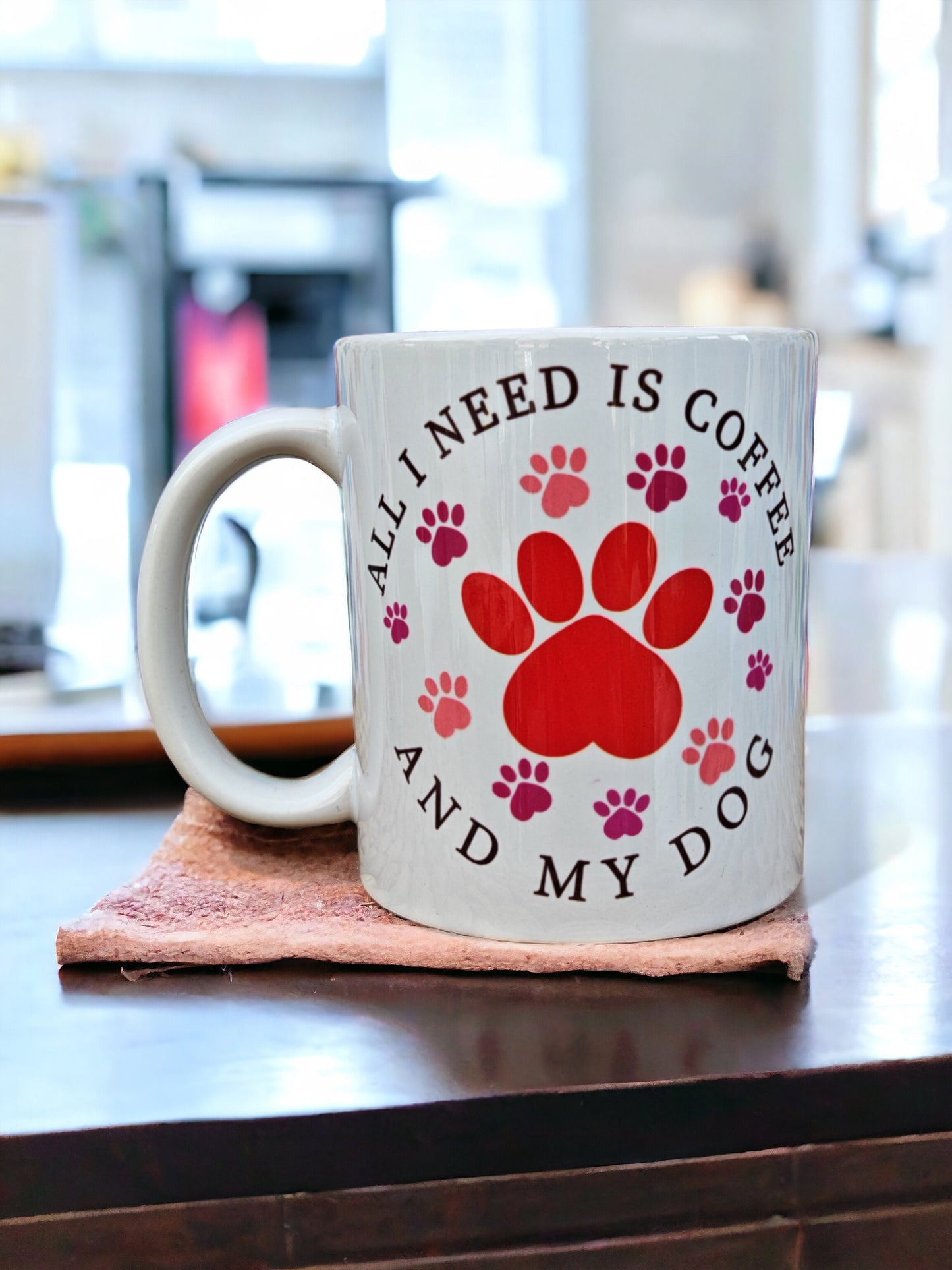 Mug 'All I Need is Coffee and my Dog', Gift for Dog Dad, Dog lover, Dog Dad, friend, pet lover. Unique, comical comedy present, pink and reg