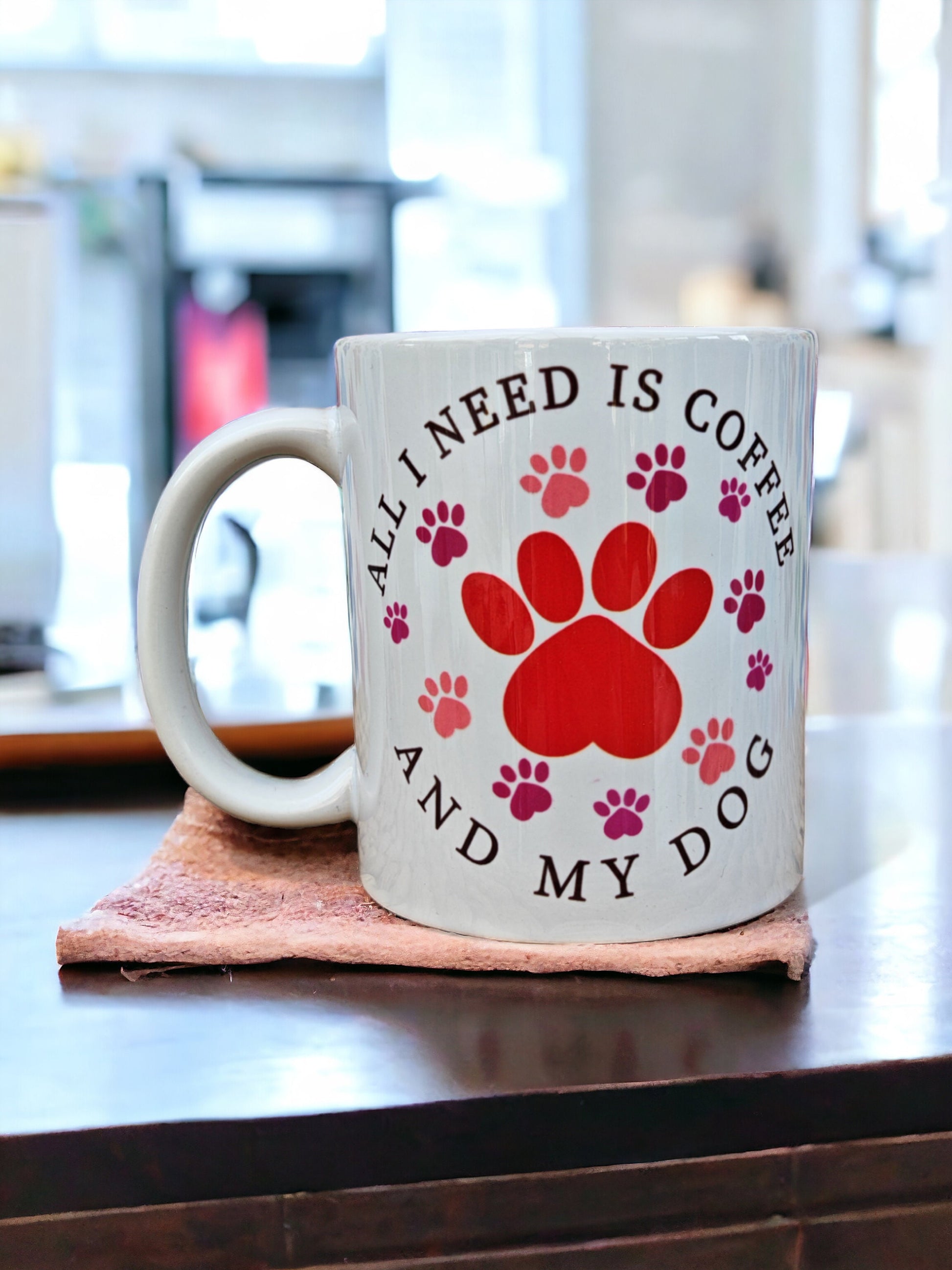 Mug 'All I Need is Coffee and my Dog', Gift for Dog Dad, Dog lover, Dog Dad, friend, pet lover. Unique, comical comedy present, pink and reg
