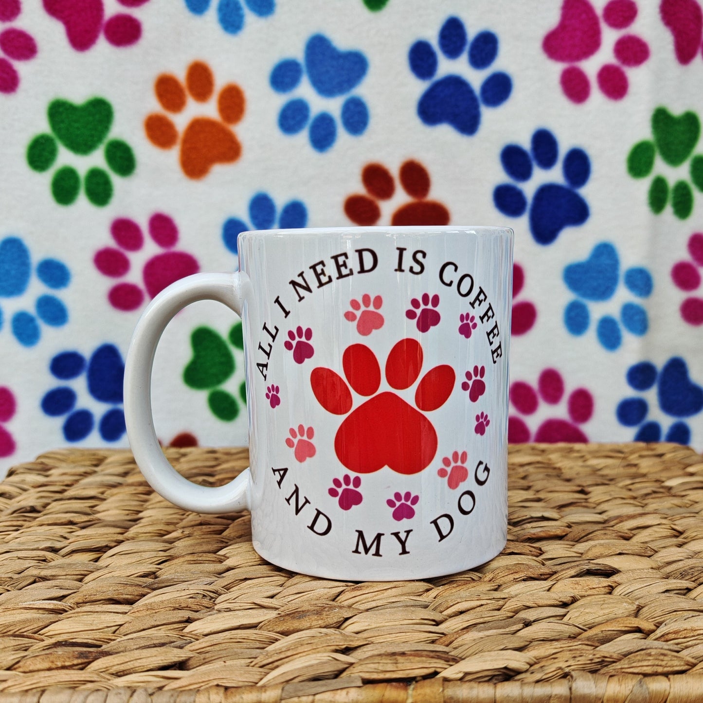 Mug 'All I Need is Coffee and my Dog', Gift for Dog Dad, Dog lover, Dog Dad, friend, pet lover. Unique, comical comedy present, pink and reg