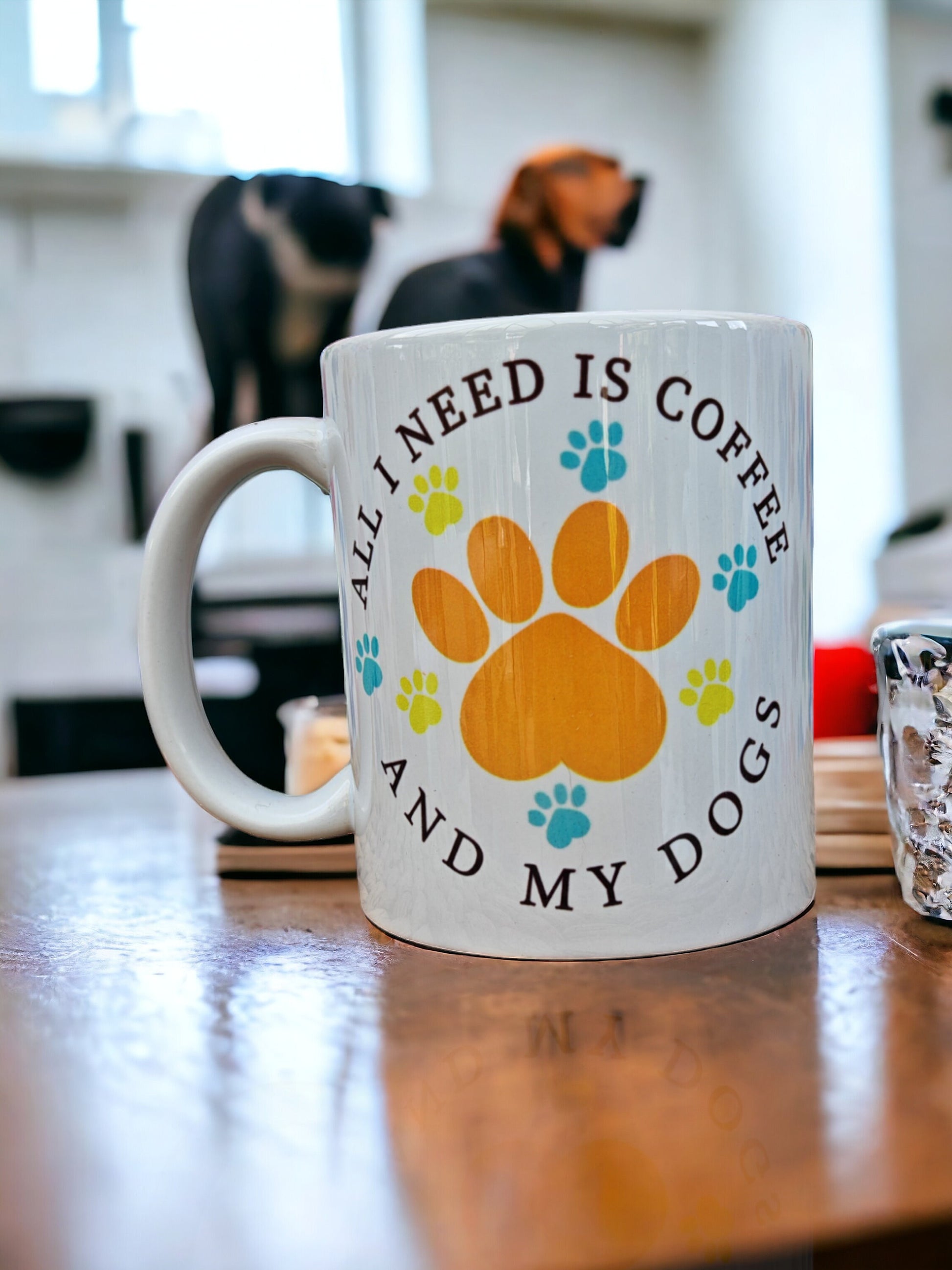 Mug 'All I need is coffee and my dogs', Gift for Dog Dad, Dog lover, Dog Dad, friend, pet lover. Unique, comical comedy present