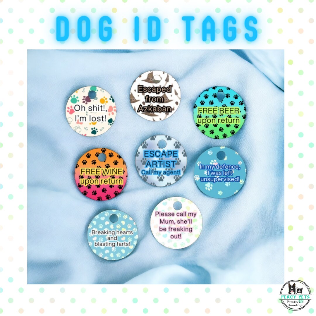 Personalised Colour Dog ID Tags - weather proof, waterproof, fully customisable, meet UK legal requirements, sublimation printed on metal.