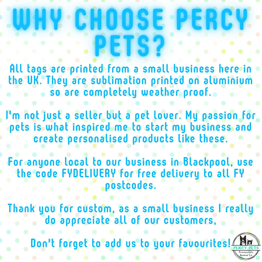 Personalised Colour Dog ID Tags - weather proof, waterproof, fully customisable, meet UK legal requirements, sublimation printed on metal.