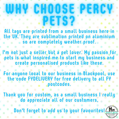 Personalised Colour Dog ID Tags - weather proof, waterproof, fully customisable, meet UK legal requirements, sublimation printed on metal.