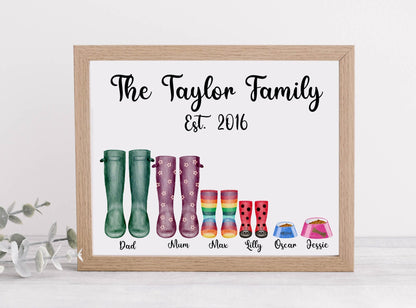 Personalised family couple image with pets welly boots wellies coats dog lead pet bowl