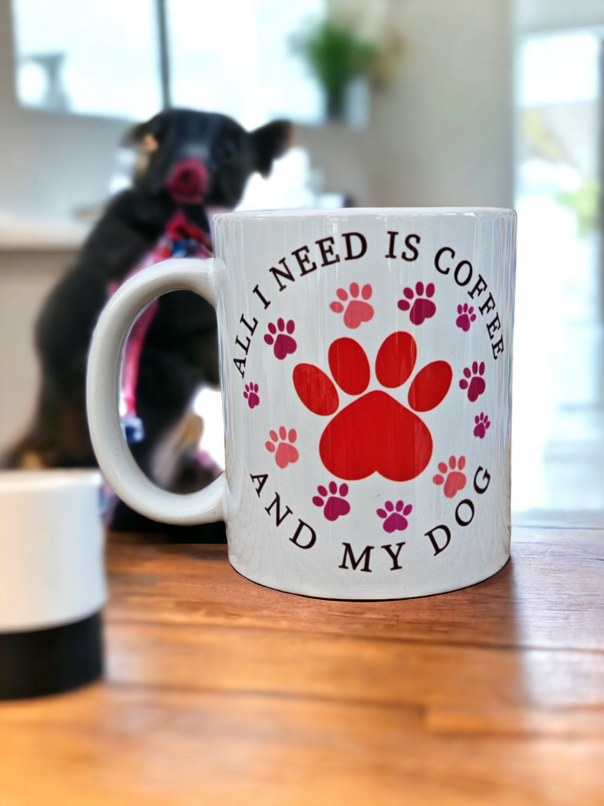Mug 'All I Need is Coffee and my Dog', Gift for Dog Dad, Dog lover, Dog Dad, friend, pet lover. Unique, comical comedy present, pink and reg