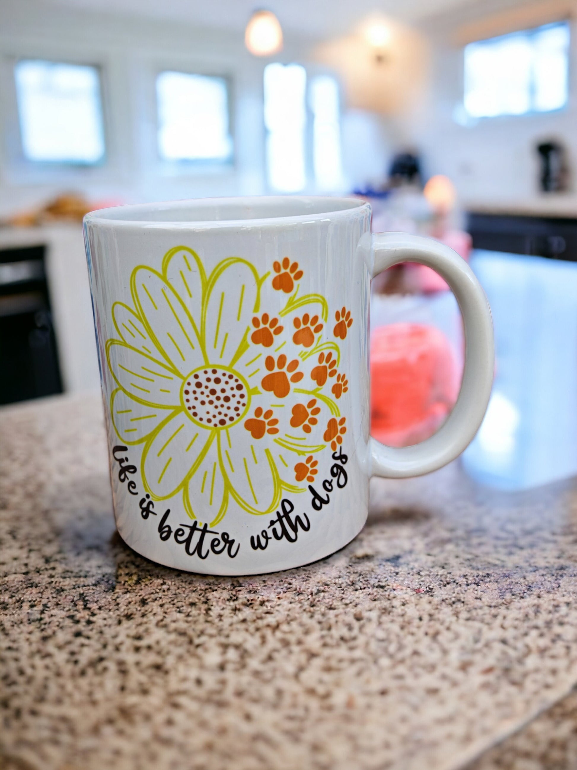 Mug 'Life Is Better With A Dogs', Gift for Dog Dad, Dog lover, Dog Dad, friend, pet lover. Unique, comical comedy present, sunflower