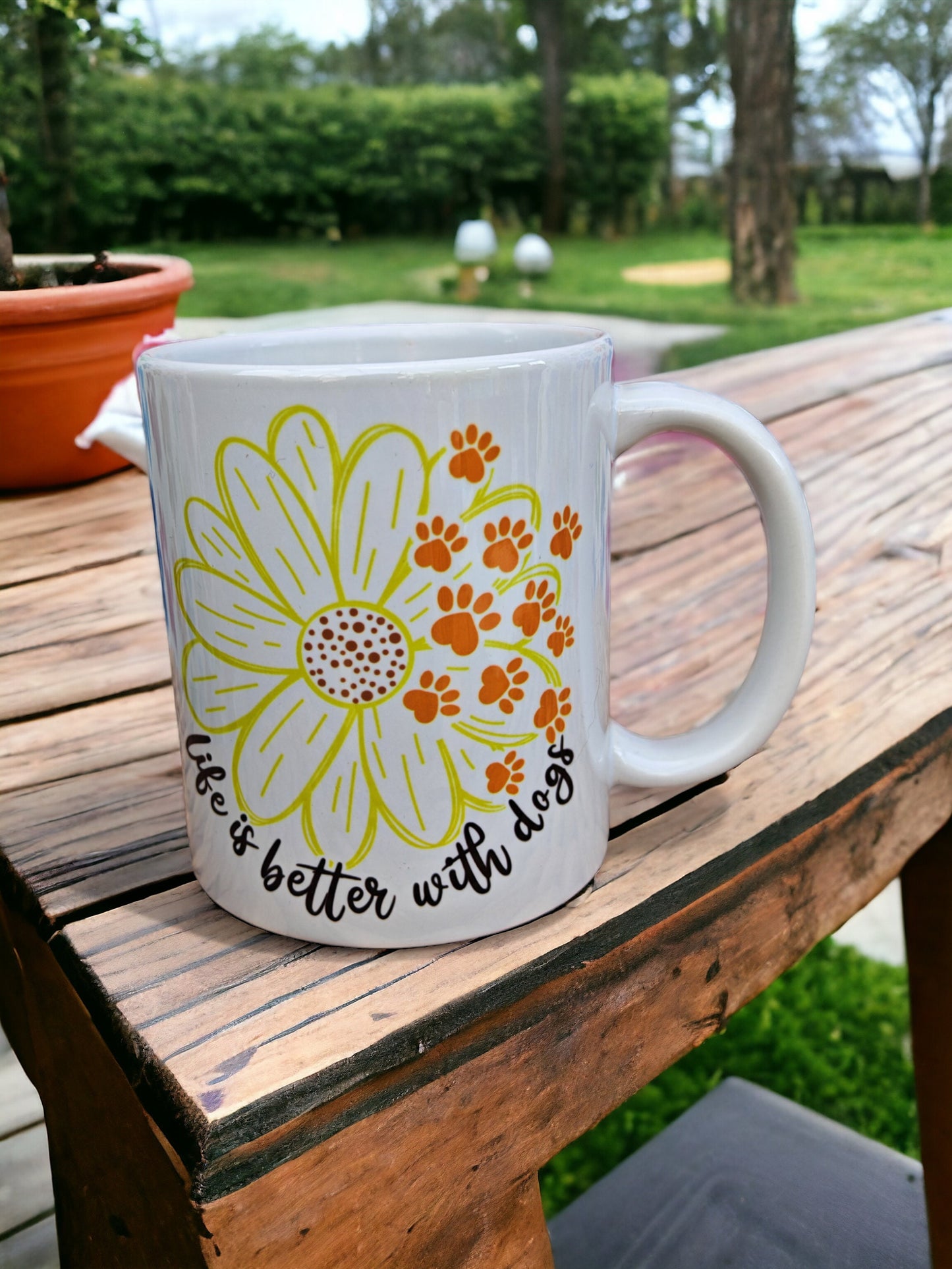 Mug 'Life Is Better With A Dogs', Gift for Dog Dad, Dog lover, Dog Dad, friend, pet lover. Unique, comical comedy present, sunflower