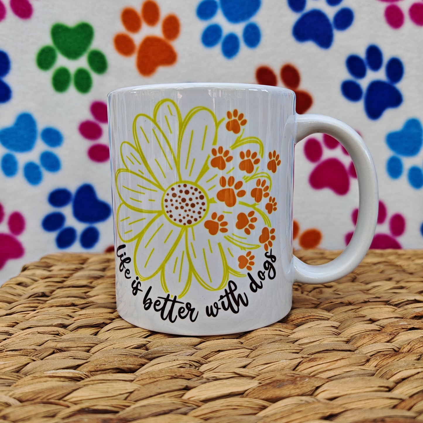 Mug 'Life Is Better With A Dogs', Gift for Dog Dad, Dog lover, Dog Dad, friend, pet lover. Unique, comical comedy present, sunflower